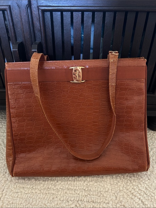 Salvatore Ferragamo Handbags - Salvatore Ferragamo Vara Bow Croc-Embossed Leather Tote Bag
